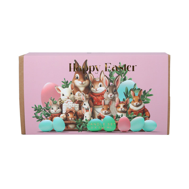 HISKIN HOME HAPPY EASTER Sada tří sójových svíček Čokoládová vajíčka, Garden Party, Bunny Kisses 3x200ml