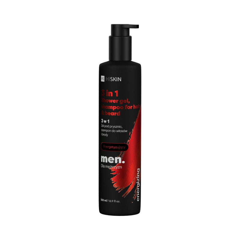 HISKIN MEN Gel douche énergisant, shampoing pour cheveux et barbe 3 en 1 500 ml