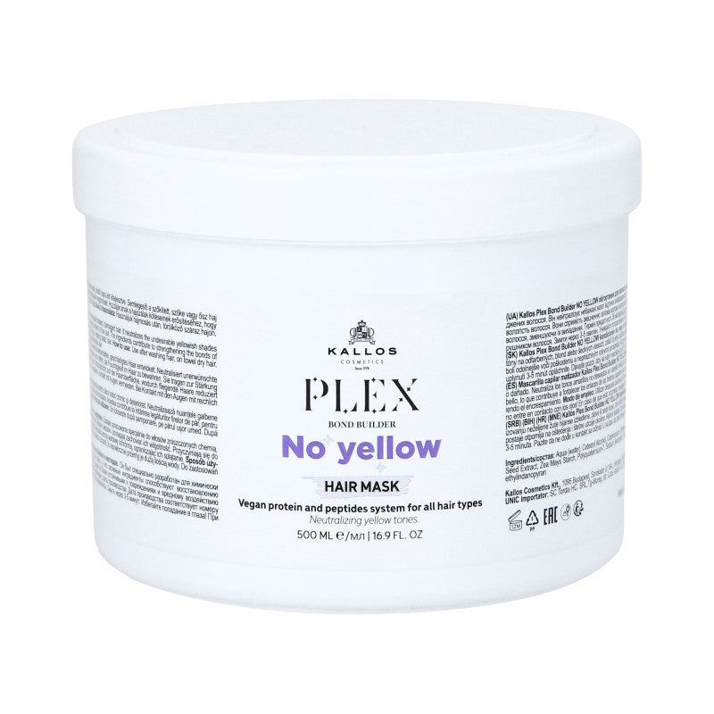 KALLOS PLEX NO YELLOW Masque pour cheveux blonds avec un complexe de protéines végétales et de peptides 500 ml